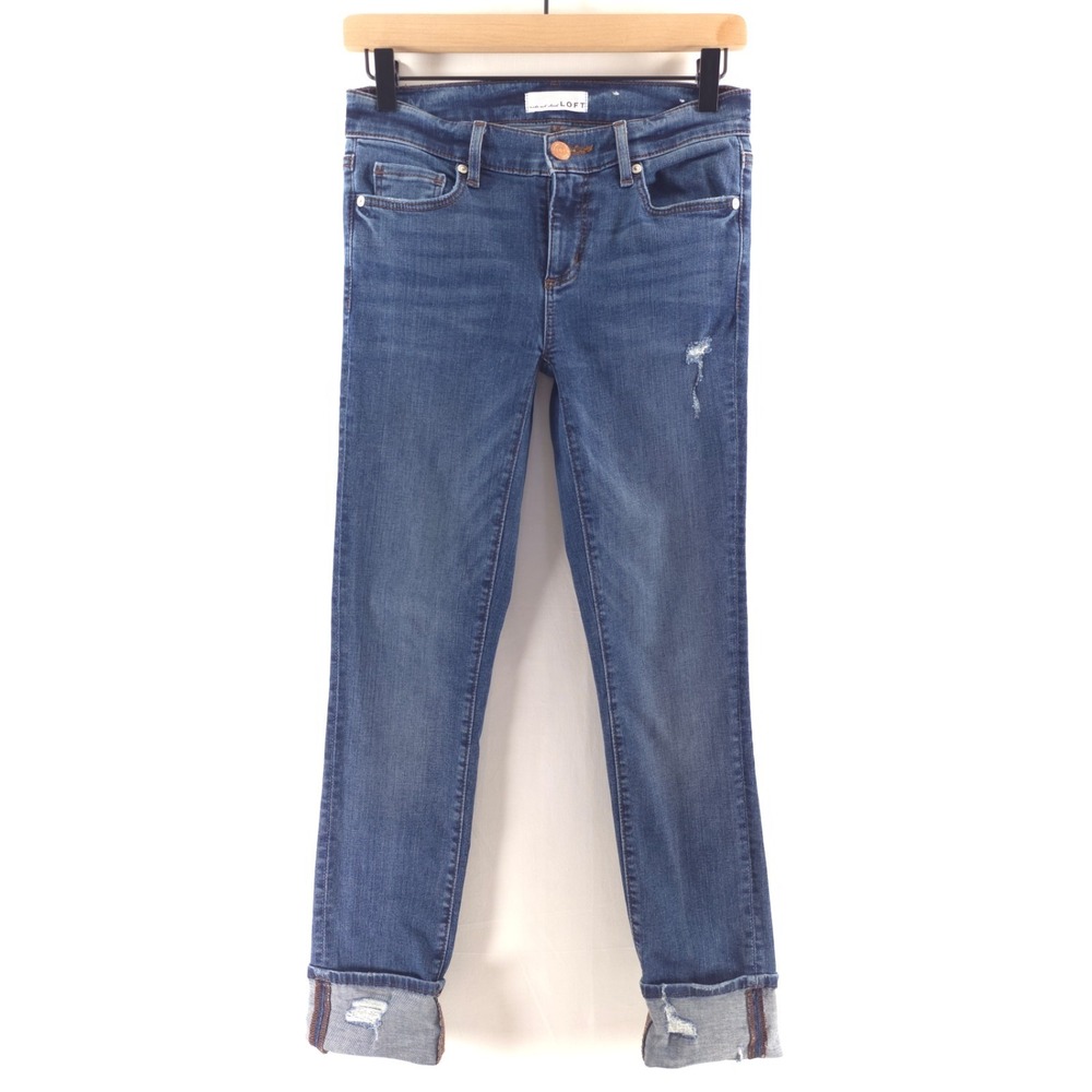 LOFT Women Jeans Modern Straight 24/00 Blue Distressed Medium Wash Stretch‎